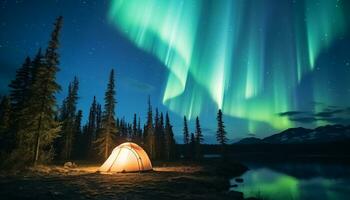 ai gerado majestoso montanha pico iluminado de estrelado noite gerado de ai foto