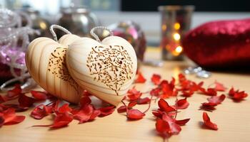 ai gerado romântico luz de velas em de madeira mesa, amor e celebração gerado de ai foto