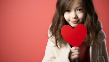 ai gerado fofa menina segurando coração, sorridente com amor gerado de ai foto