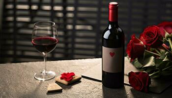ai gerado romântico vinho celebração em de madeira mesa com flores gerado de ai foto