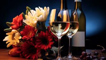 ai gerado celebração do amor, vinho, flores, romance, elegância gerado de ai foto