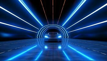 ai gerado futurista carro velocidades através iluminado cidade às noite gerado de ai foto
