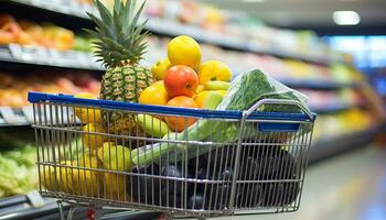 ai gerado fresco fruta e legumes preencher a supermercado prateleiras gerado de ai foto