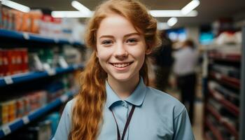 ai gerado sorridente caucasiano mulher dentro supermercado corredor, escolhendo mercearias gerado de ai foto