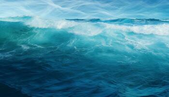 ai gerado azul onda falhando em arenoso litoral, natureza beleza gerado de ai foto