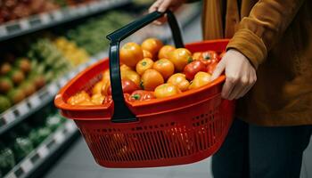 ai gerado saudável comendo escolhas às a supermercado, sorridente cliente gerado de ai foto