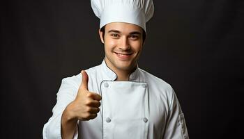 ai gerado sorridente chefe de cozinha dentro uniforme cozinhando gourmet Comida gerado de ai foto