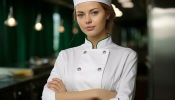 ai gerado sorridente chefe de cozinha dentro uniforme cozinhando gourmet Comida gerado de ai foto