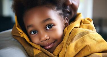 ai gerado sorridente africano criança, fofa retrato, alegre dentro de casa gerado de ai foto