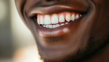 ai gerado sorridente africano mulher com uma confiante cheio de dentes sorrir gerado de ai foto