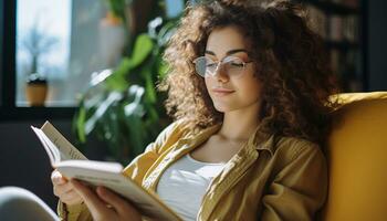 ai gerado jovem mulher lendo uma livro, sorridente e relaxante gerado de ai foto