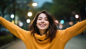 ai gerado sorridente jovem mulher desfrutando cidade vida às noite gerado de ai foto