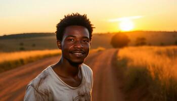 ai gerado sorridente africano homens desfrutando natureza às pôr do sol gerado de ai foto