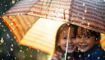 ai gerado sorridente criança segurando guarda-chuva, desfrutando a chuva gerado de ai foto