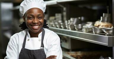 ai gerado sorridente chefe de cozinha dentro cozinha, cozinhando com confiança gerado de ai foto