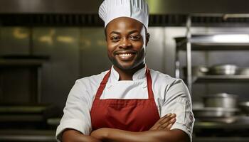 ai gerado sorridente adulto chefe de cozinha dentro cozinha, confiante e orgulhoso gerado de ai foto