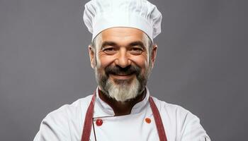 ai gerado sorridente chefe de cozinha dentro uniforme cozinhando gourmet Comida gerado de ai foto