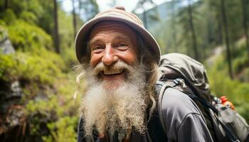 ai gerado sorridente Senior homem caminhada dentro natureza lindo ao ar livre gerado de ai foto