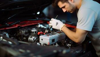 ai gerado confiante mecânico examinando carro motor dentro reparar fazer compras gerado de ai foto