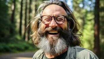 ai gerado sorridente homem dentro natureza, desfrutando a ao ar livre gerado de ai foto