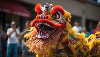 ai gerado chinês cultura celebração dançando Dragão dentro tradicional roupas gerado de ai foto