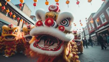 ai gerado chinês cultura comemora com tradicional festival fantasias e máscaras gerado de ai foto