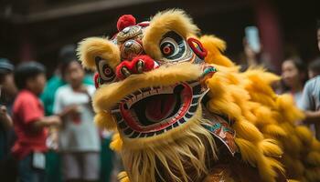 ai gerado Dragão dançando dentro colorida tradicional roupas, trazendo sorte gerado de ai foto