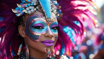 ai gerado jovem mulheres dentro tradicional roupas dançando às carnaval gerado de ai foto