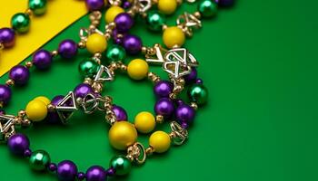 ai gerado roxo, verde, e ouro miçangas crio festivo mardi gras decoração gerado de ai foto