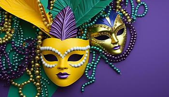 ai gerado mardi gras celebração, máscaras, penas, e mistério gerado de ai foto