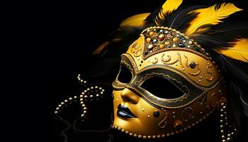 ai gerado mascarado elegância dentro uma dourado carnaval celebração gerado de ai foto