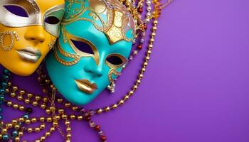 ai gerado mardi gras celebração, glamouroso máscaras, brilhante fantasias gerado de ai foto