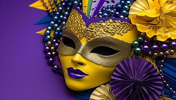 ai gerado mardi gras celebração, máscaras, penas, elegância, e Diversão gerado de ai foto