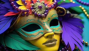 ai gerado colorida máscaras e fantasias às mardi gras parada gerado de ai foto