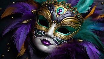 ai gerado mardi gras celebração, glamouroso máscaras, ornamentado fantasias gerado de ai foto