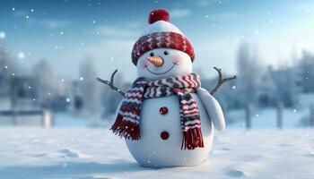 ai gerado boneco de neve sorridente dentro inverno, cercado de flocos de neve gerado de ai foto