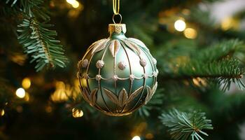 ai gerado brilhante Natal árvore enfeite suspensão em abeto ramo gerado de ai foto