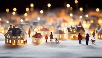 ai gerado família celebração, pequeno iluminado Natal decoração, neve, inverno gerado de ai foto