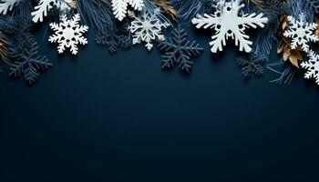 ai gerado inverno celebração, floco de neve decoração em azul fundo gerado de ai foto