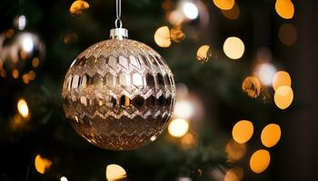 ai gerado brilhante iluminado Natal decoração suspensão em uma árvore gerado de ai foto