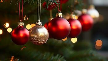 ai gerado brilhante enfeite suspensão em Natal árvore ramo gerado de ai foto