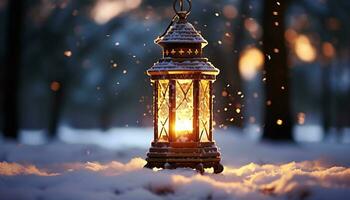 ai gerado inverno noite, lanterna ilumina neve coberto árvore gerado de ai foto