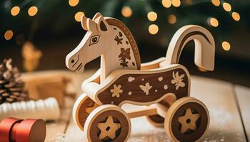 ai gerado rústico balanço cavalo, floco de neve ornamento, iluminado Natal árvore gerado de ai foto