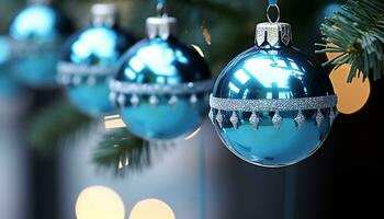 ai gerado brilhante azul enfeite suspensão em uma Natal árvore gerado de ai foto