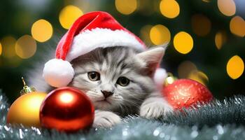 ai gerado fofa gatinho olhando às presente debaixo Natal árvore gerado de ai foto