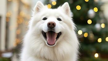 ai gerado fofa samoiedo cachorro sentado dentro a neve gerado de ai foto