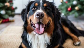 ai gerado fofa cachorro sentado, olhando às Câmera, sorridente gerado de ai foto