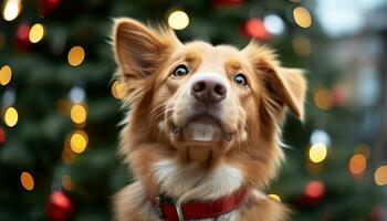 ai gerado fofa cachorro olhando às Natal árvore decorações gerado de ai foto