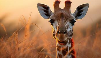 ai gerado fofa girafa pastar em verde Prado às pôr do sol gerado de ai foto