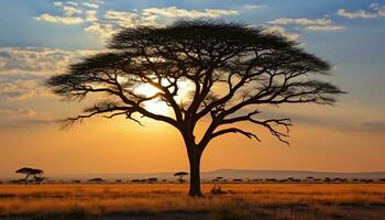 ai gerado silhueta do acácia árvore dentro africano pôr do sol gerado de ai foto